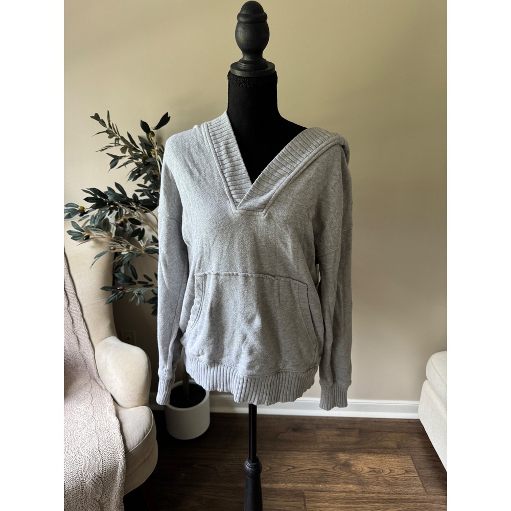 Aerie Gray French Terry V-Neck Pullover Hoodie Ribbed Trim Sweatshirt XS/TP